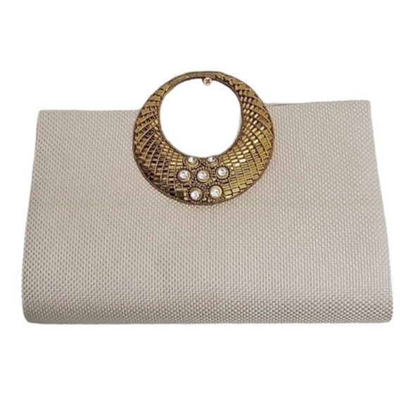 Cream Gold Bead Stone Jute Evening Clutch Purse - Picture 6 of 6